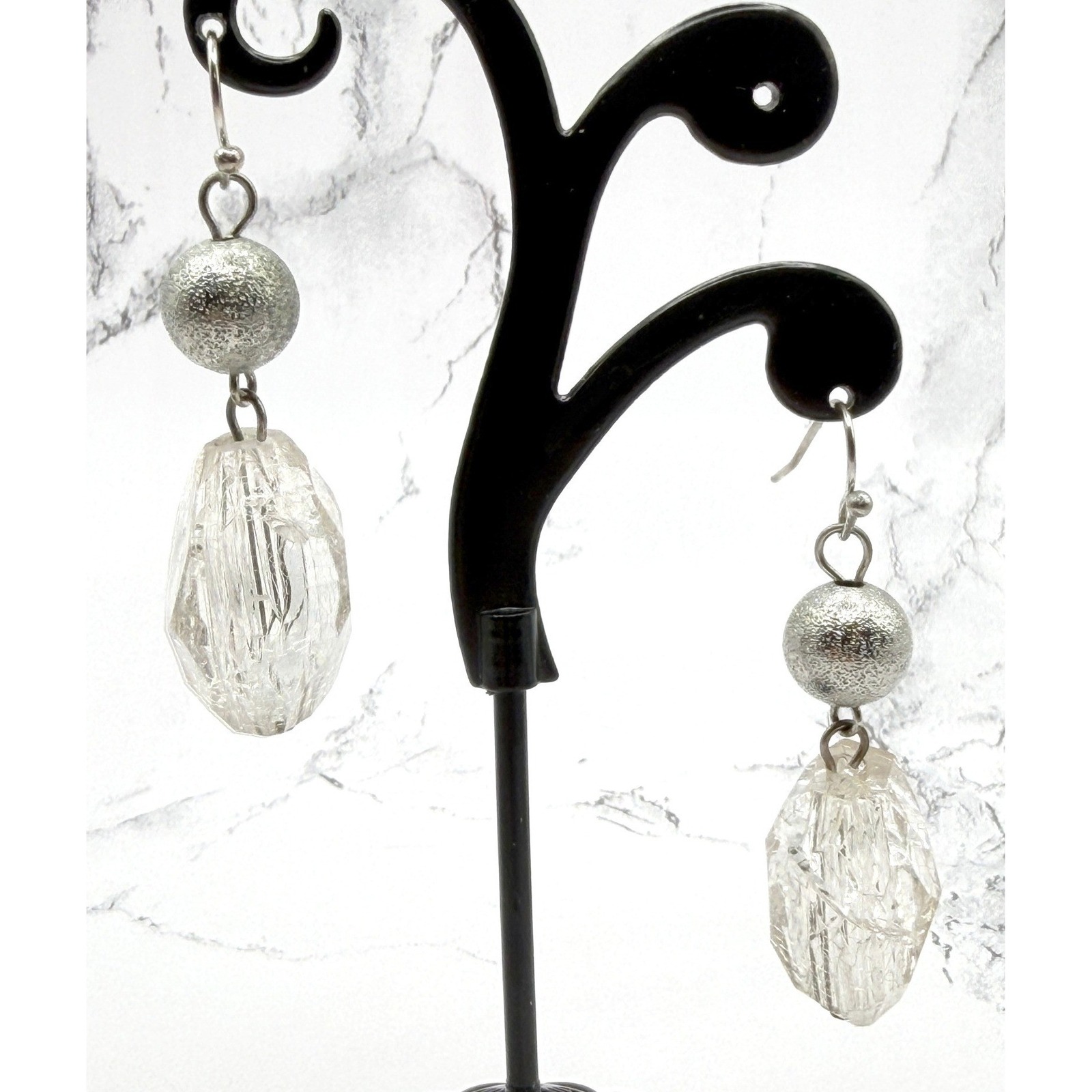 Clear Dangle Chunky Earrings Silver Ball Drop 1.75" Lightweight Minimal